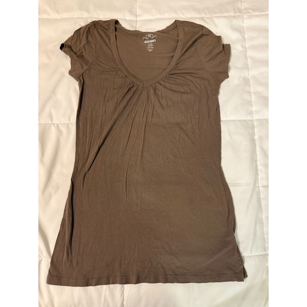 Old Navy Womens Brown V-Neck Ruched Short Sleeve Tee Shirt Size Small
